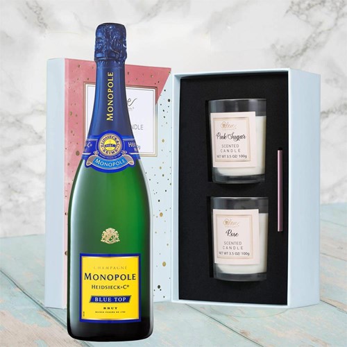 Monopole Blue Top Brut Champagne 75cl With Love Body & Earth 2 Scented Candle Gift Box